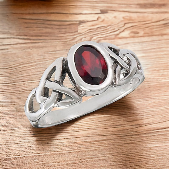 Silver Celtic Triquetra / Trinity Knot Ring Garnet CZ