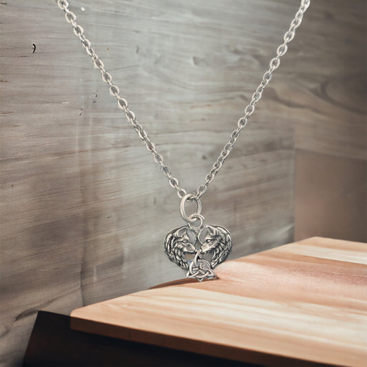 Handcast 925 Sterling Silver Celtic Wolf Heart Pendant accented w/ Celtic Trinity Triquetra Knot + Free Chain Necklace