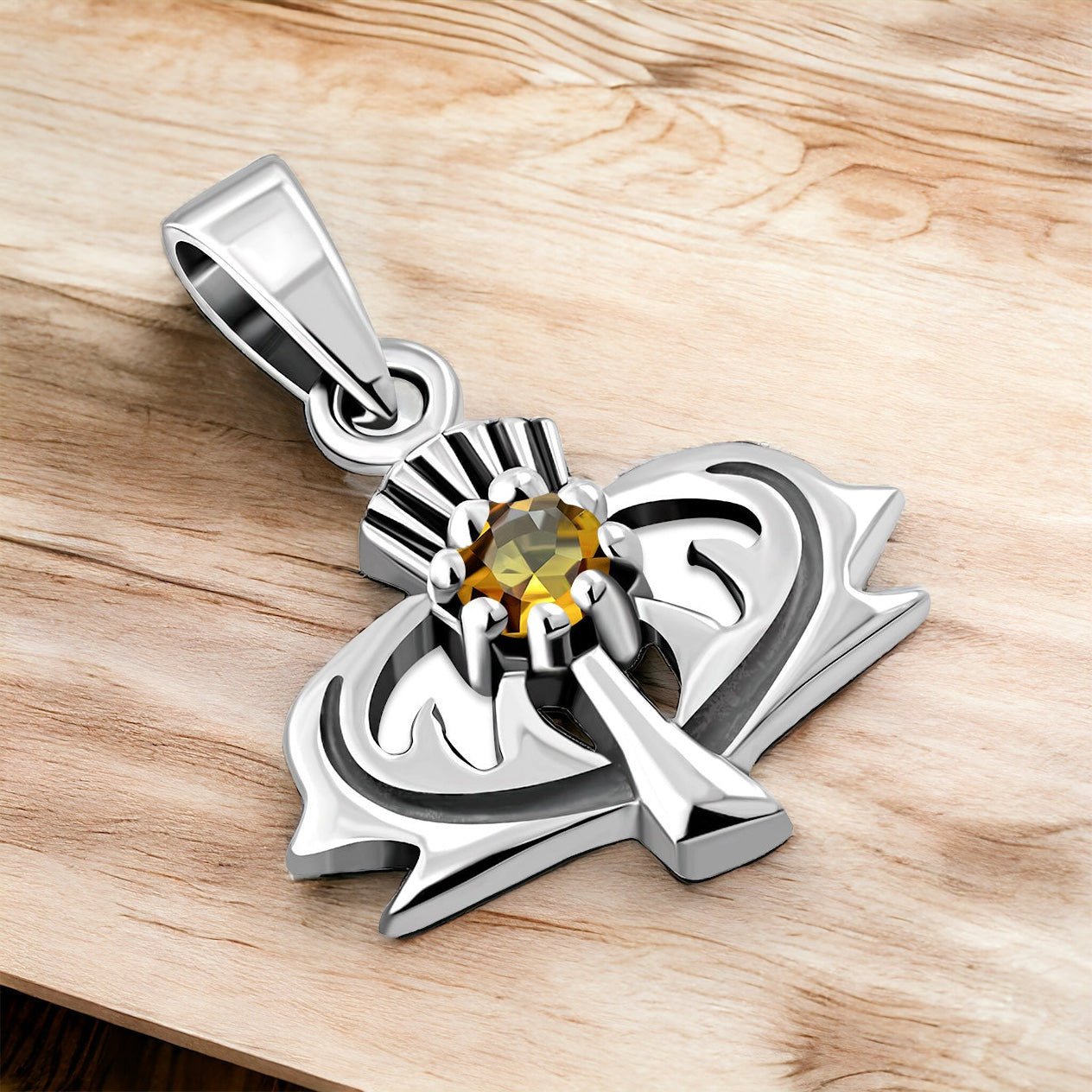 925 Sterling Silver Scottish Thistle Flower Charm Pendant Citrine + Free Chain