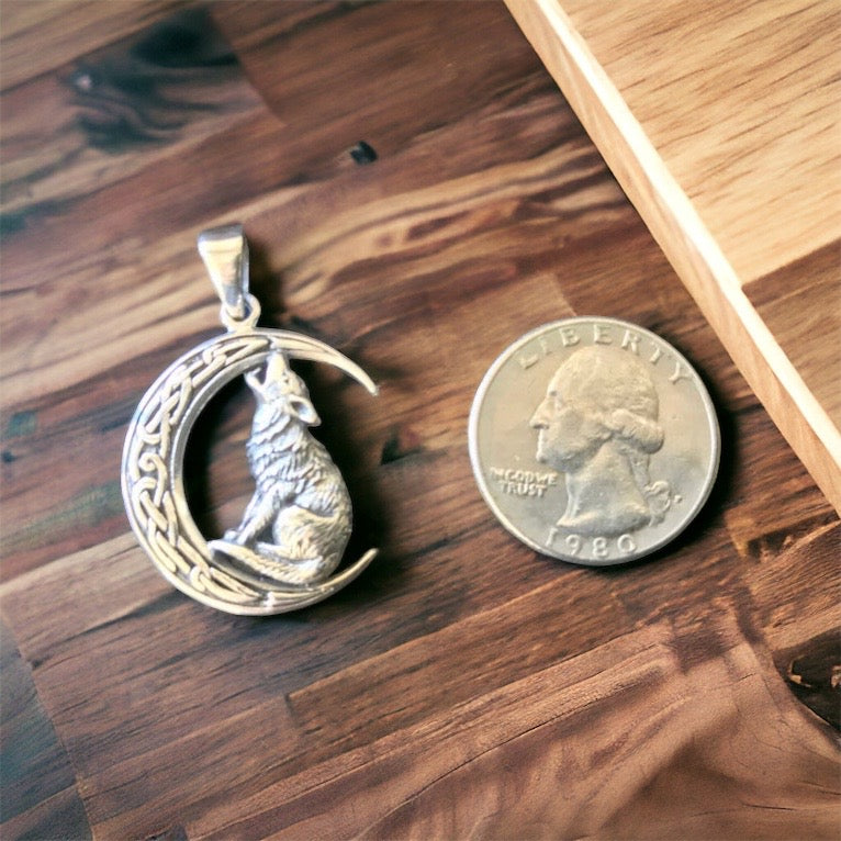 Handcast 925 Sterling Silver Howling Wolf Pendant on Crescent Moon accented with Celtic Knotwork + Free Chain