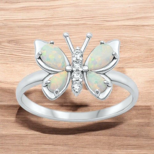 925 Sterling Silver Butterfly Opal Ring Size 4-10