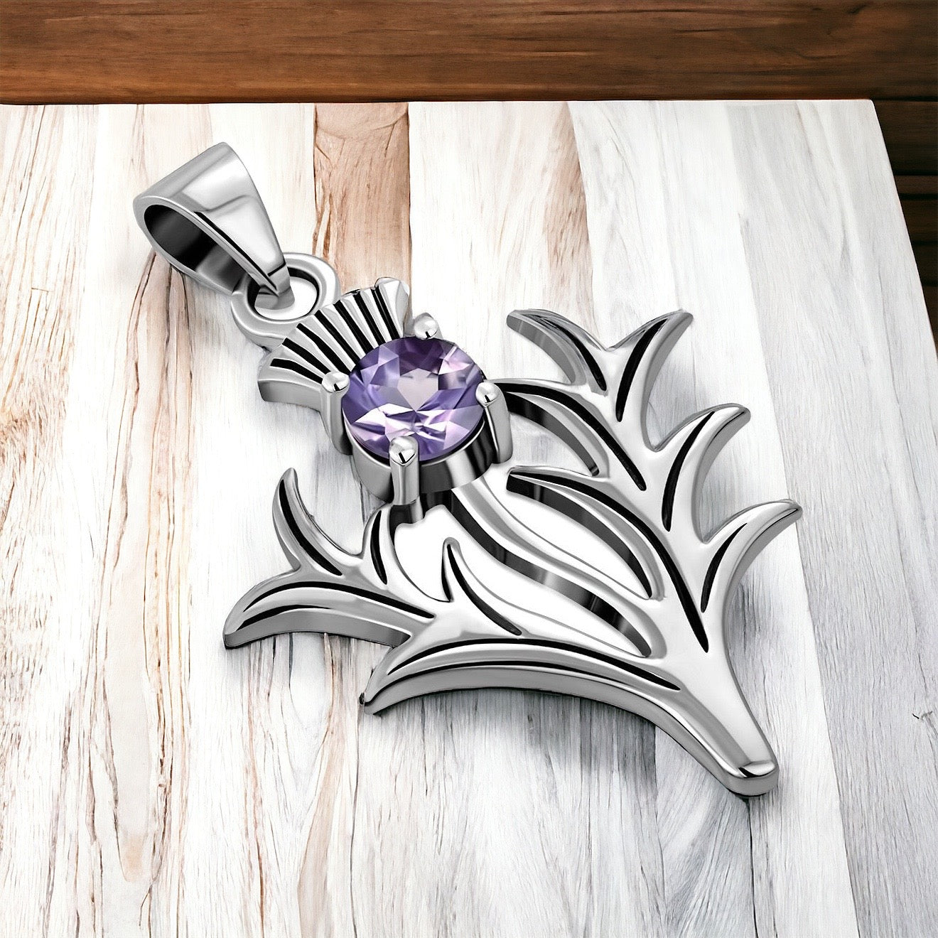 Large 925 Sterling Silver Scottish Thistle Flower Amethyst Pendant + Free Chain
