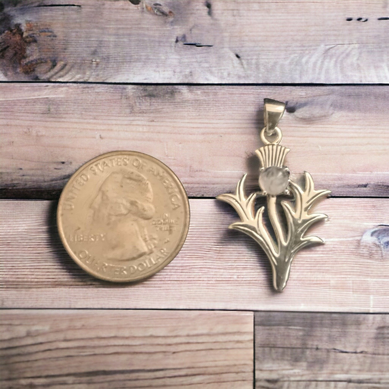 Large 925 Sterling Silver Scottish Thistle Flower Moonstone Pendant + Free Chain