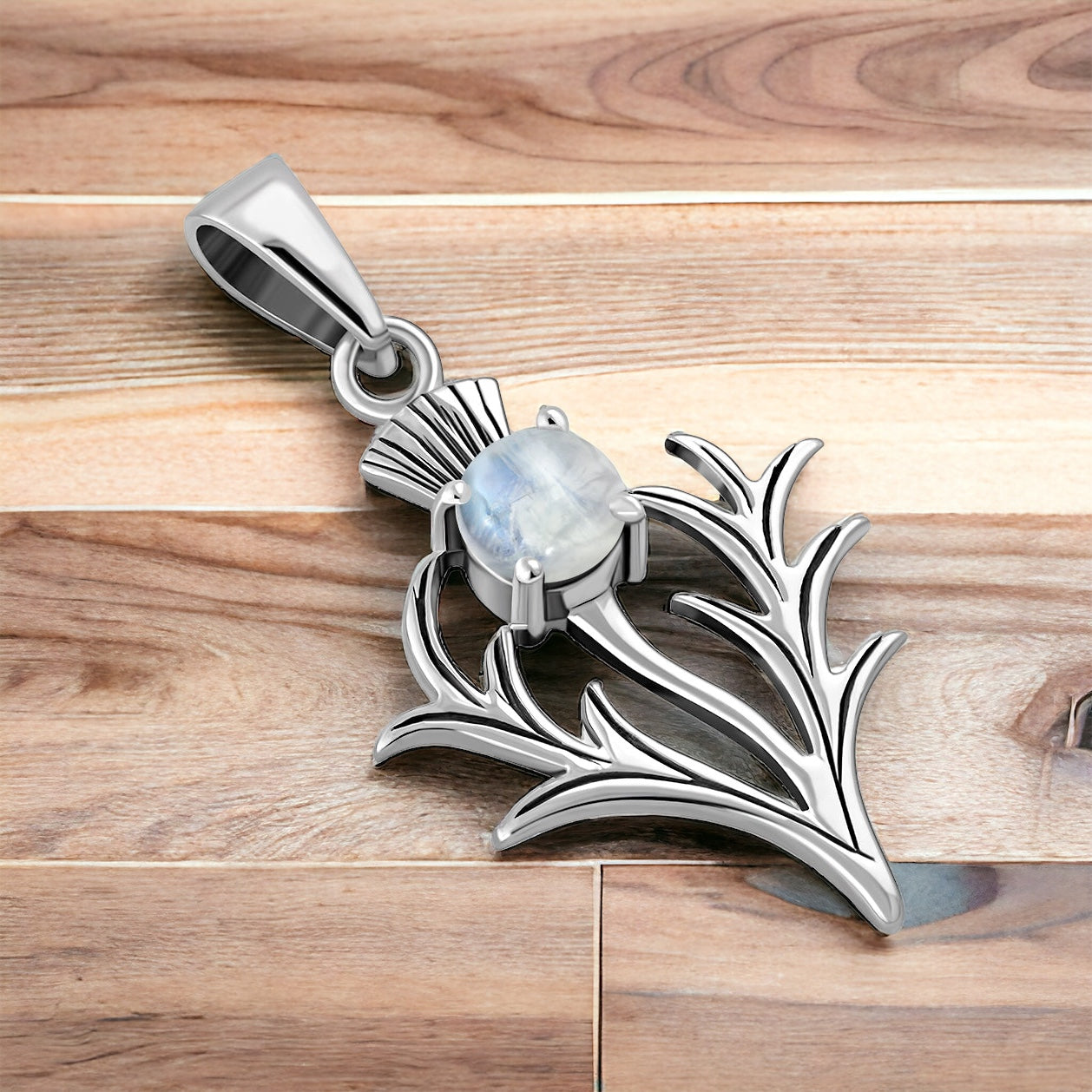 925 Sterling Silver Scottish Thistle Flower Moonstone Pendant + Free Chain