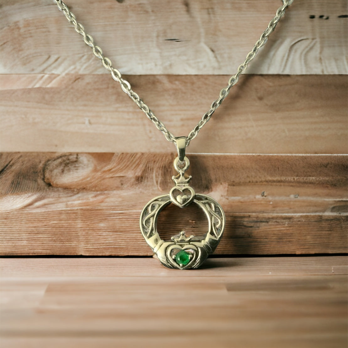 925 Sterling Silver Irish Celtic Claddagh Emerald Green CZ Pendant Necklace