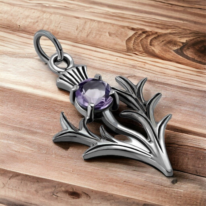 925 Sterling Silver Scottish Thistle Flower Amethyst Pendant + Free Chain