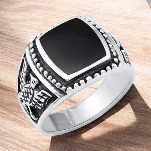 Large 925 Sterling Silver Black Agate Eagle Ring Size 7-13