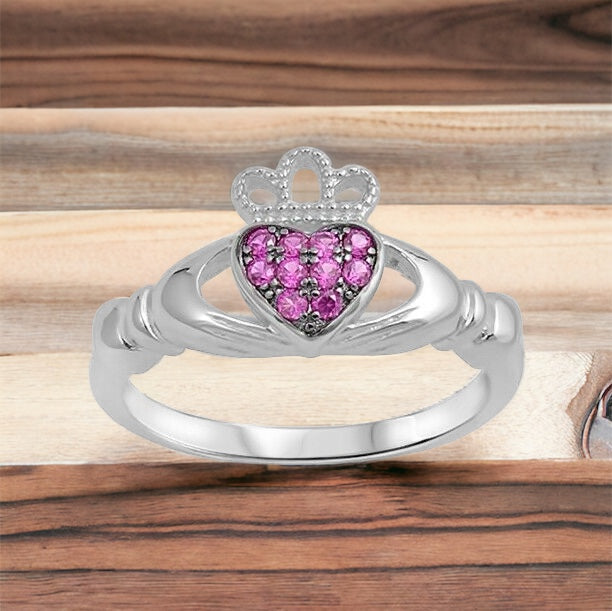 Sterling Silver Irish Claddagh Ring w/ Ruby CZ Size 4-10