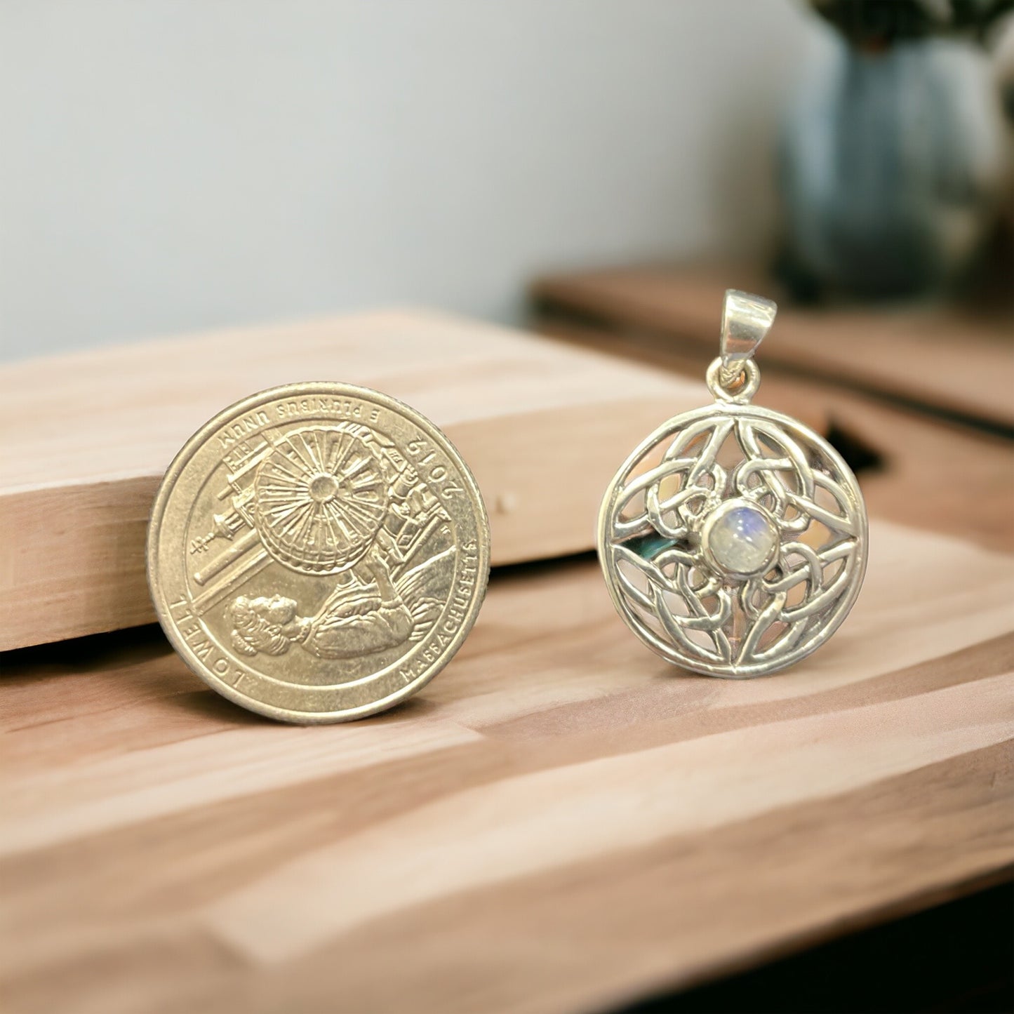 925 Sterling Silver Celtic Knot Moonstone Pendant + Free Chain