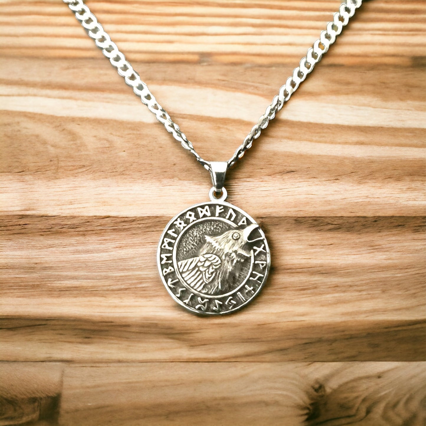 Handcast 925 Sterling Silver Norse Viking Celtic Raven Rune Alphabet Pendant Necklace