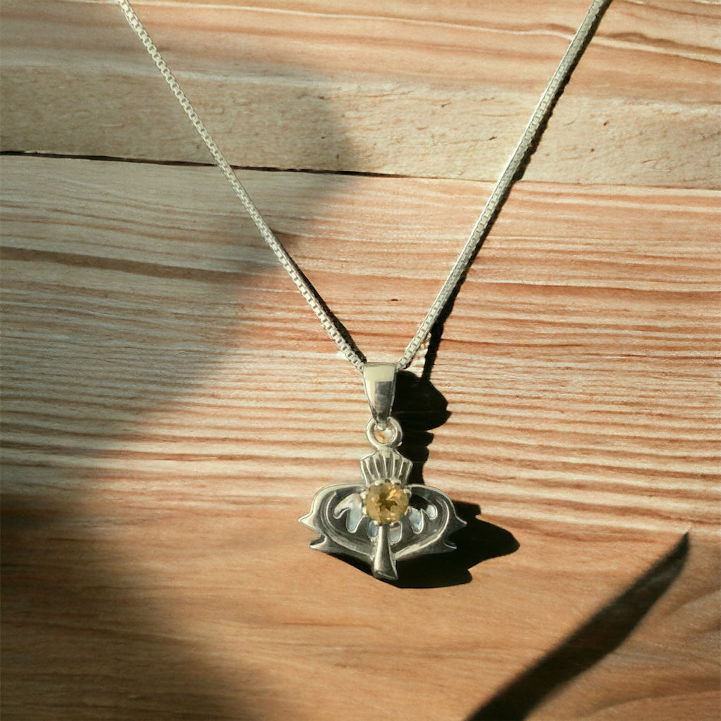 925 Sterling Silver Scottish Thistle Flower Charm Pendant Citrine + Free Chain