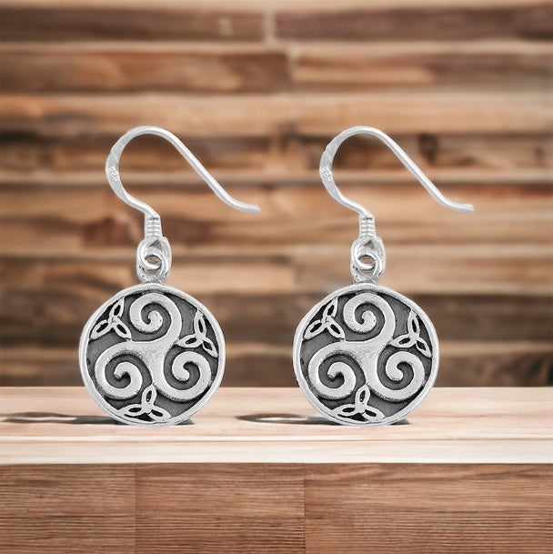 925 Sterling Silver Celtic Triskele Triple Spiral Triskelion Dangle Earrings