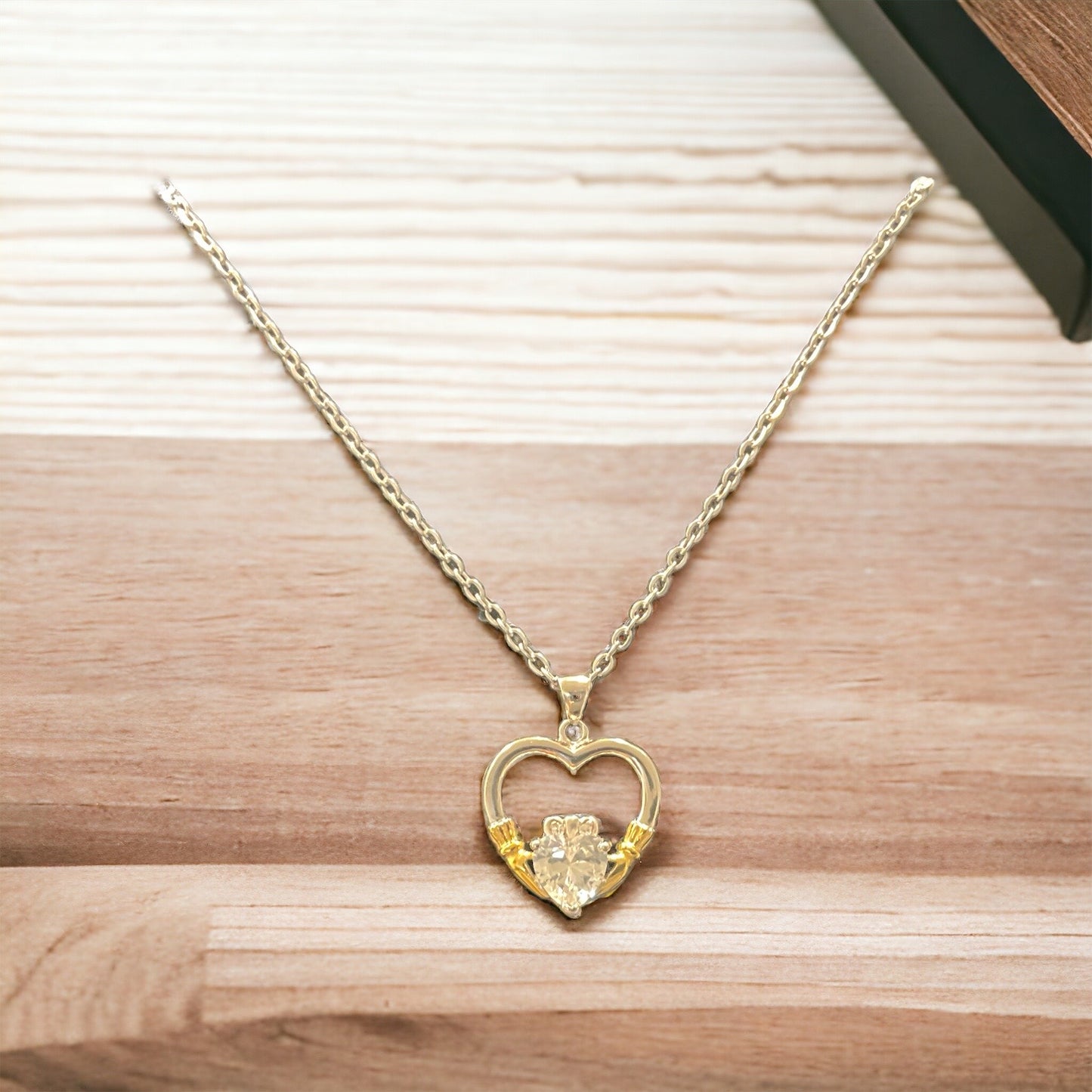 Sterling Silver Irish Claddagh Pendant w/ Clear CZ Heart + Free Chain