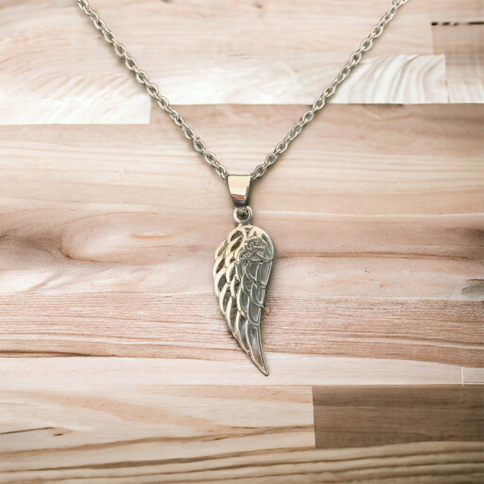 Handcast 925 Sterling Silver Angel Wing Pendant accented with Celtic Triquetra Trinity Knot + Free Chain Necklace
