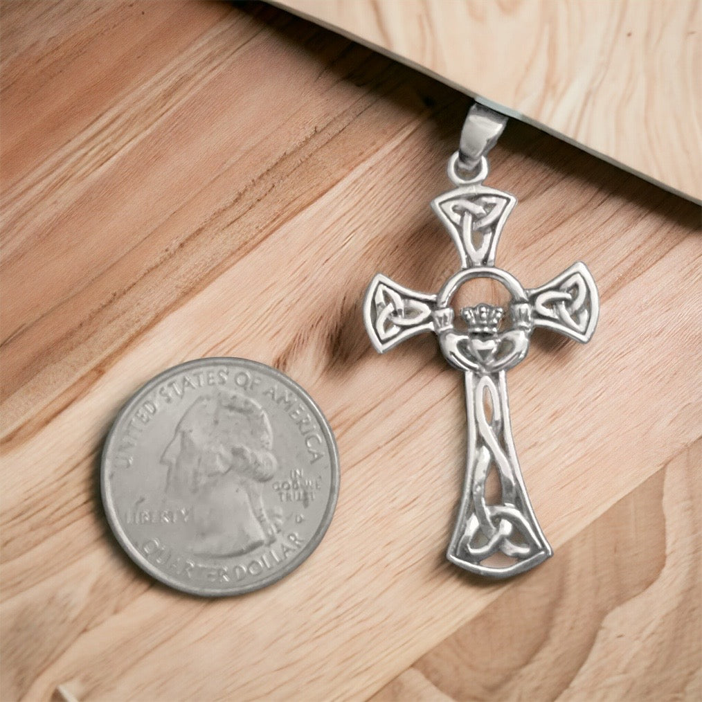 Large 925 Sterling Silver Unisex Irish Celtic Claddagh Claddaugh Cross Pendant Necklace Free Chain