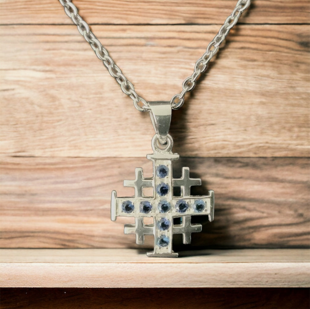 925 Sterling Silver Jerusalem / Crusader Cross w/ Blue Sapphire CZ Pendant Necklace + Free Chain