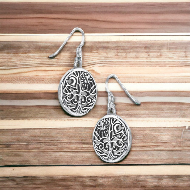 925 Sterling Silver Celtic Tree of Life Sun Moon Dangle Earrings