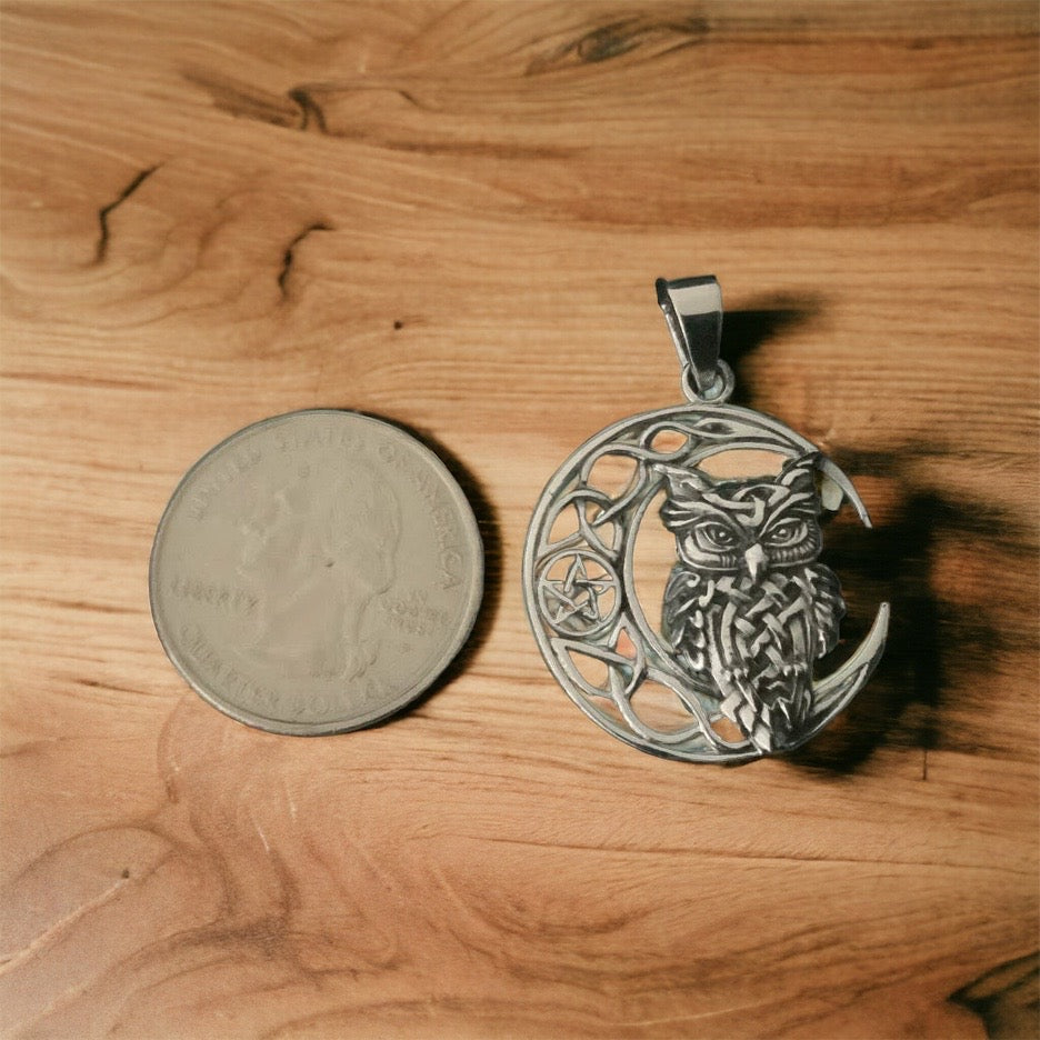 Handcast 925 Sterling Silver Owl Pendant on Crescent Moon accented with Celtic Knotwork + Free Chain