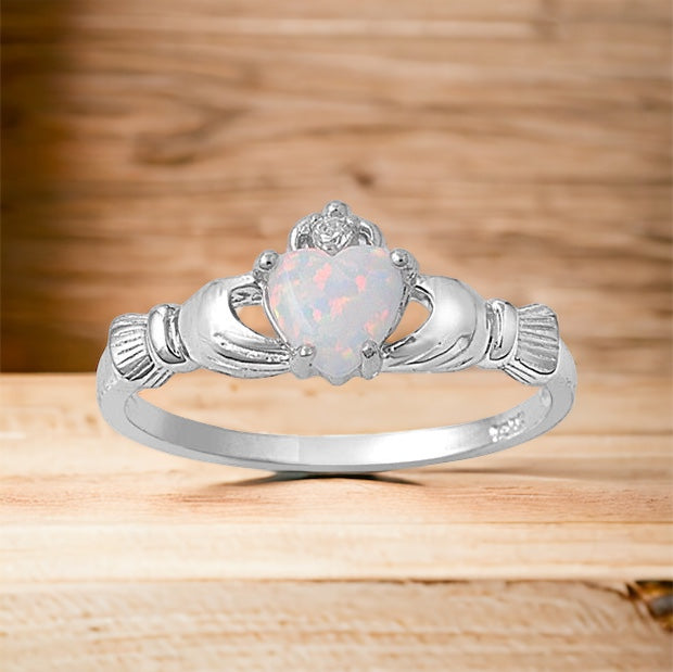 Sterling Silver Irish Claddagh Ring w/ White Opal