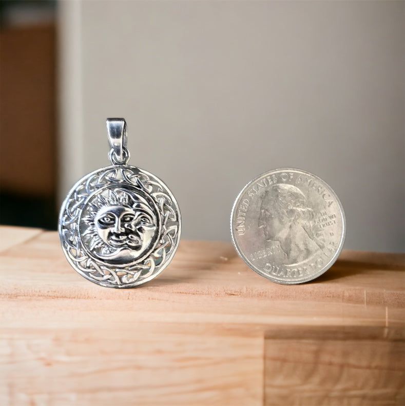 Handcast 925 Sterling Silver Sun Moon Pendant with Celtic Knot Designs + Free Chain Necklace