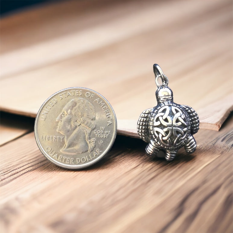 Handcast 925 Sterling Silver Celtic Turtle Pendant Necklace + Free Chain