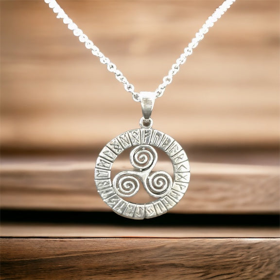 Handcast 925 Sterling Silver Celtic Viking Triskele Triple Spiral Triskelion Pendant Necklace 24 Runes + Free Chain