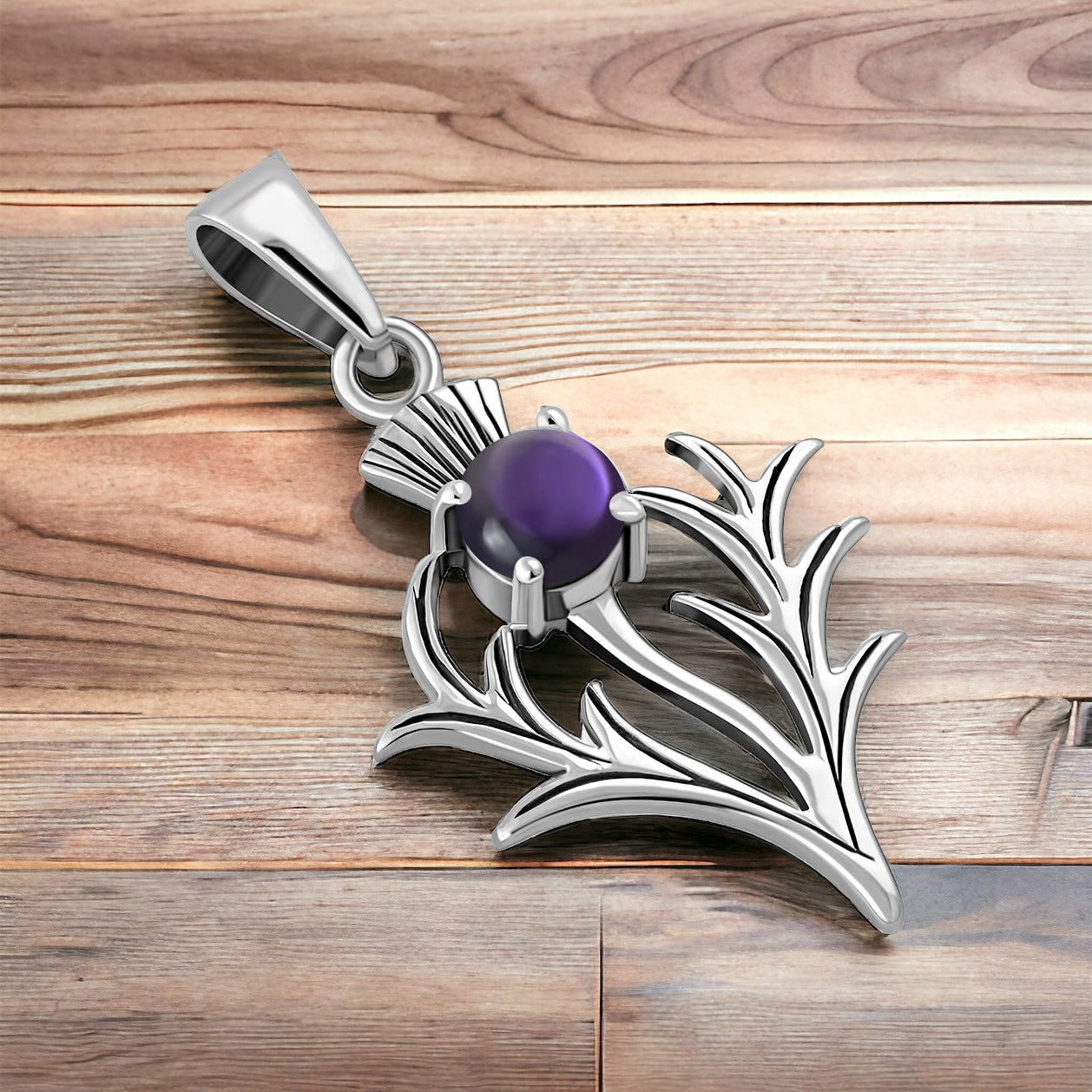 925 Sterling Silver Scottish Thistle Flower Amethyst Pendant + Free Chain
