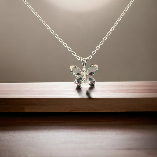 925 Sterling Silver Butterfly Pendant Necklace w/ Rainbow Topaz CZ + Free Chain