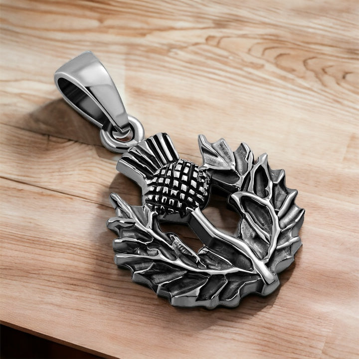 925 Sterling Silver Scottish Thistle Flower Charm Pendant + Free Chain
