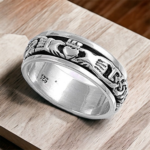 Sterling Silver Women Irish Claddagh Spin Ring