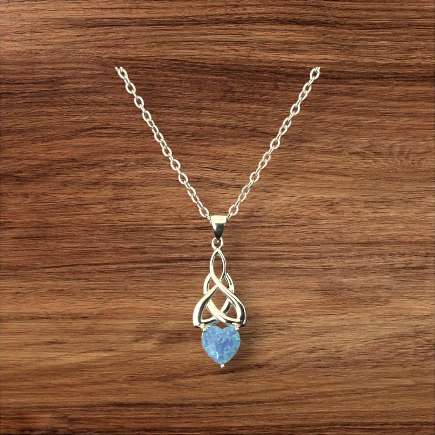 925 Sterling Silver Celtic Loveknot Heart Blue Opal Pendant + Free Chain