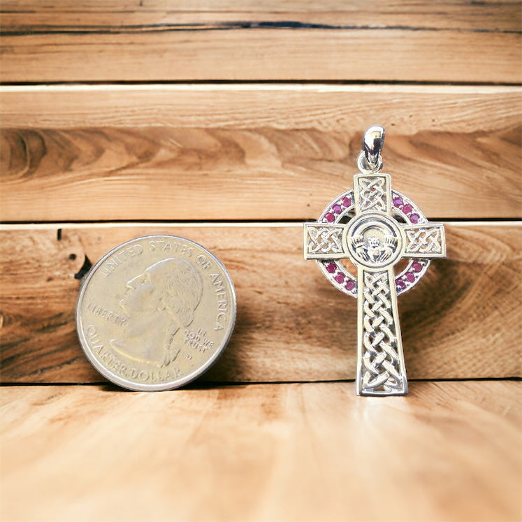 Handcast 925 Sterling Silver Irish Celtic Claddagh Claddaugh Cross Pendant Ruby CZ Necklace Free Chain