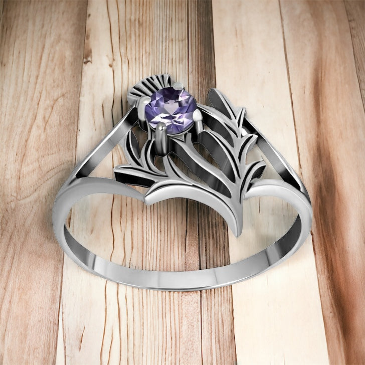 925 Sterling Silver Scottish Thistle Ring set with faceted Amethyst