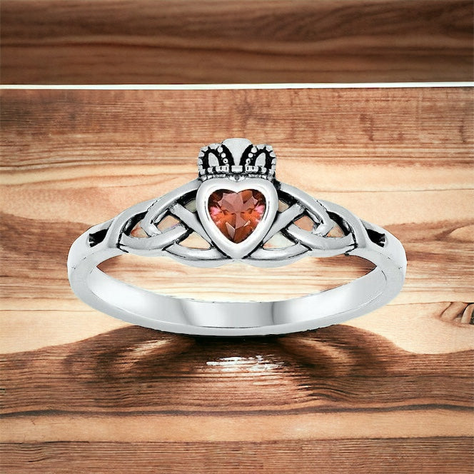 Sterling Silver Irish Claddagh Ring w/ Red Garnet CZ Size 3-10