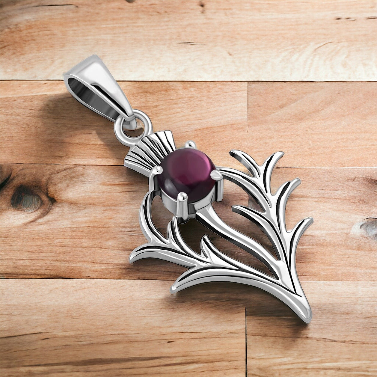 925 Sterling Silver Scottish Thistle Flower Garnet Pendant + Free Chain