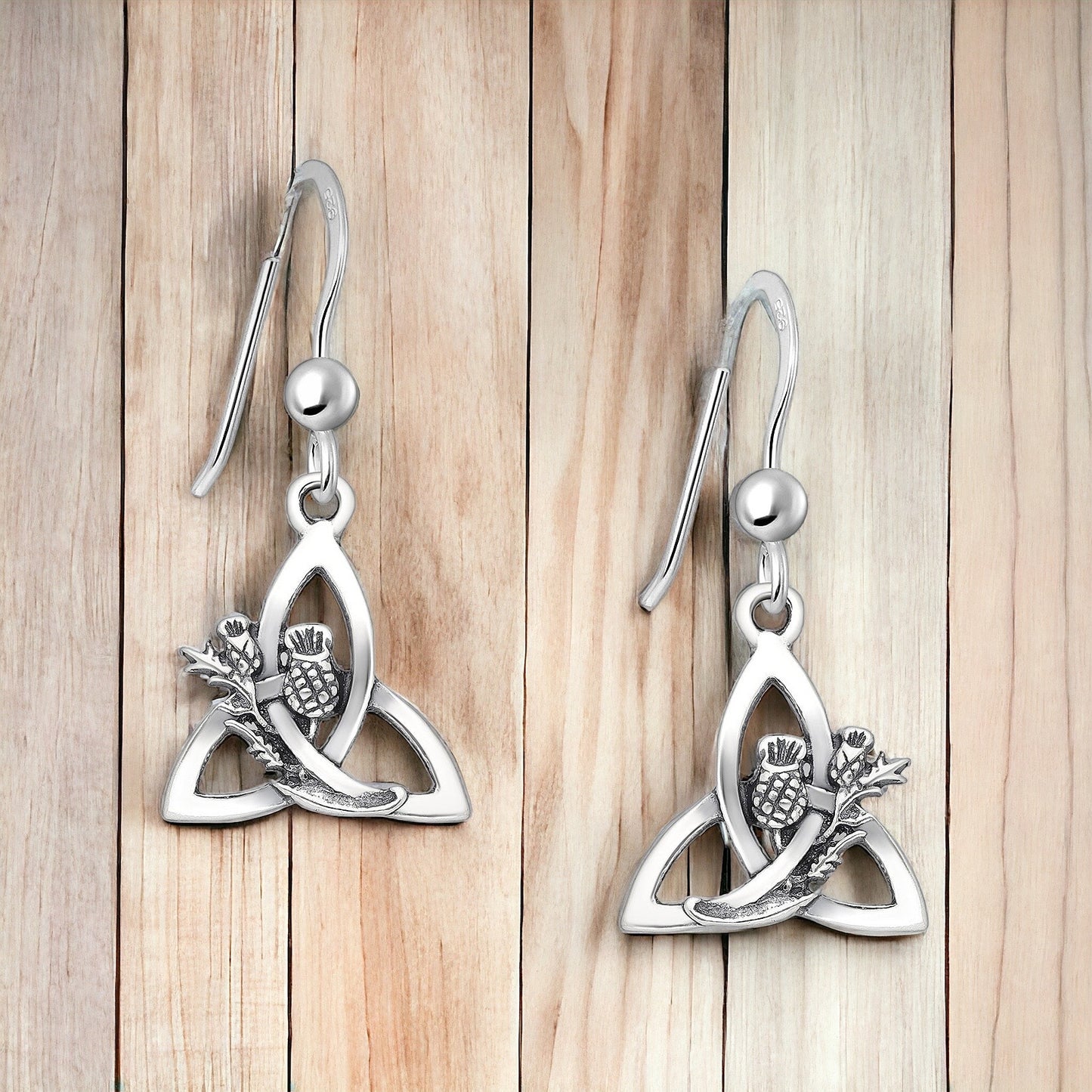 Silver Scottish Thistle Celtic Trinity Dangle Earrings