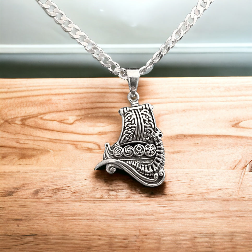 Handcast 925 Sterling Silver Norse Viking Longboat Ship Pendant Necklace