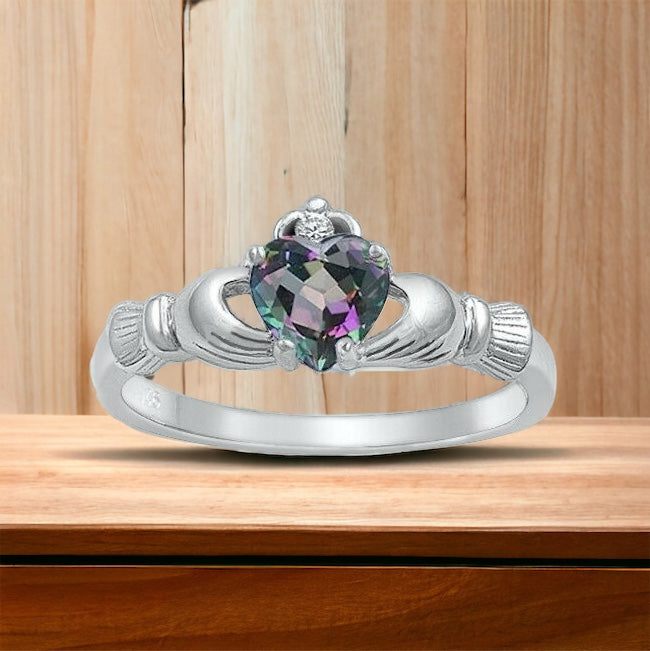 Sterling Silver Irish Claddagh Ring w/ Rainbow Topaz CZ Size 3-13
