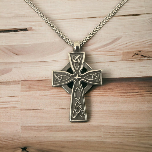 Large 316L Surgical Stainless Steel Irish Celtic Triquetra Trinity Knot Cross Pendant + Free Chain Necklace