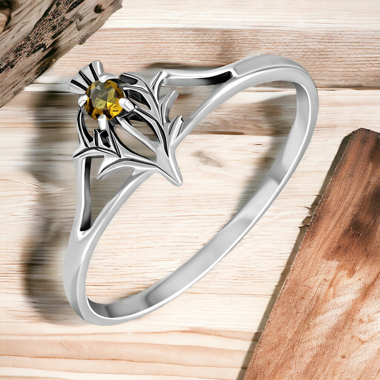 925 Sterling Silver Scottish Thistle Ring Yellow Citrine