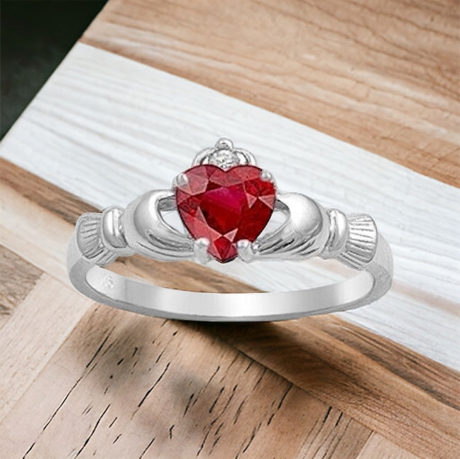 Sterling Silver Irish Claddagh Ring w/ Ruby CZ Size 4-13