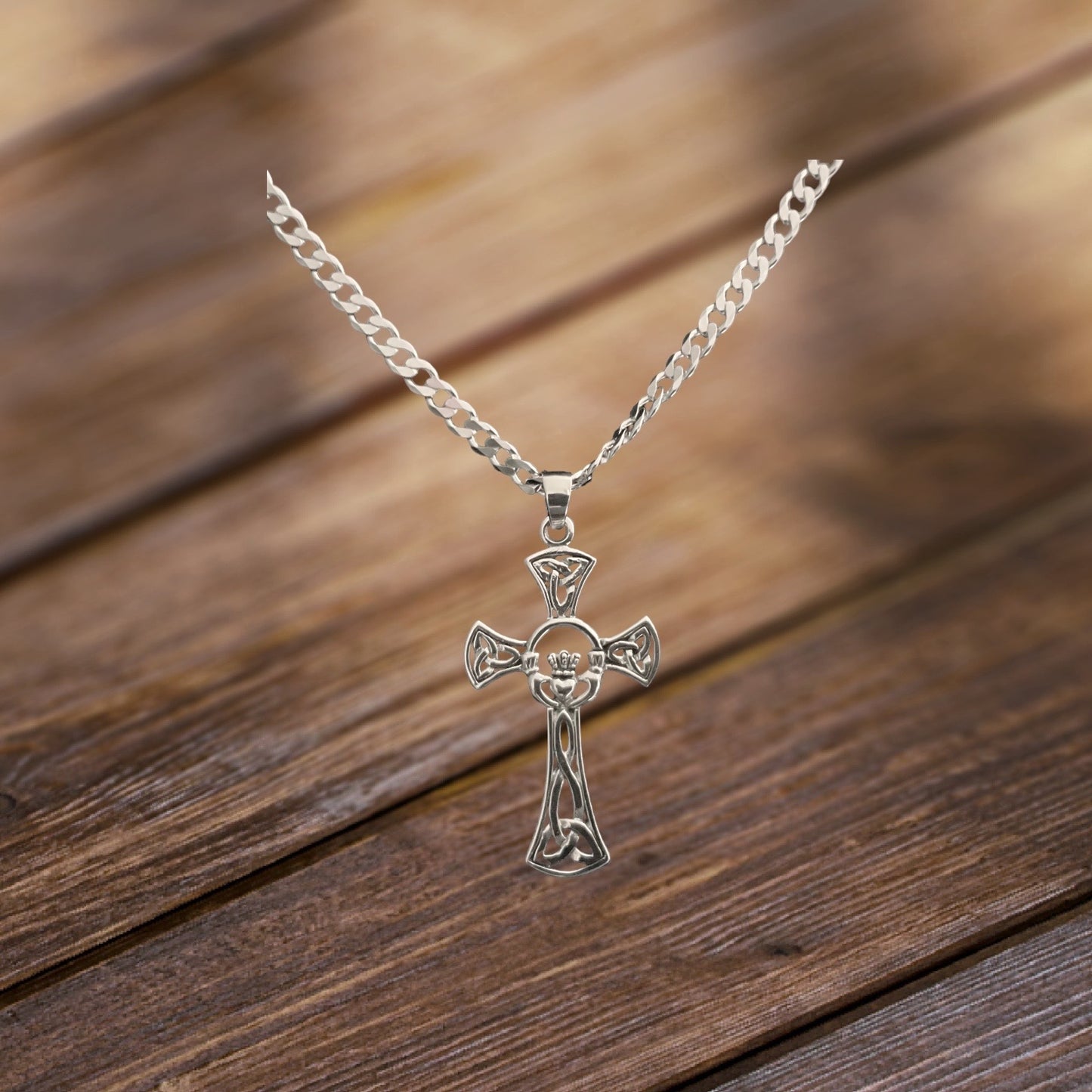 Large 925 Sterling Silver Unisex Irish Celtic Claddagh Claddaugh Cross Pendant Necklace Free Chain