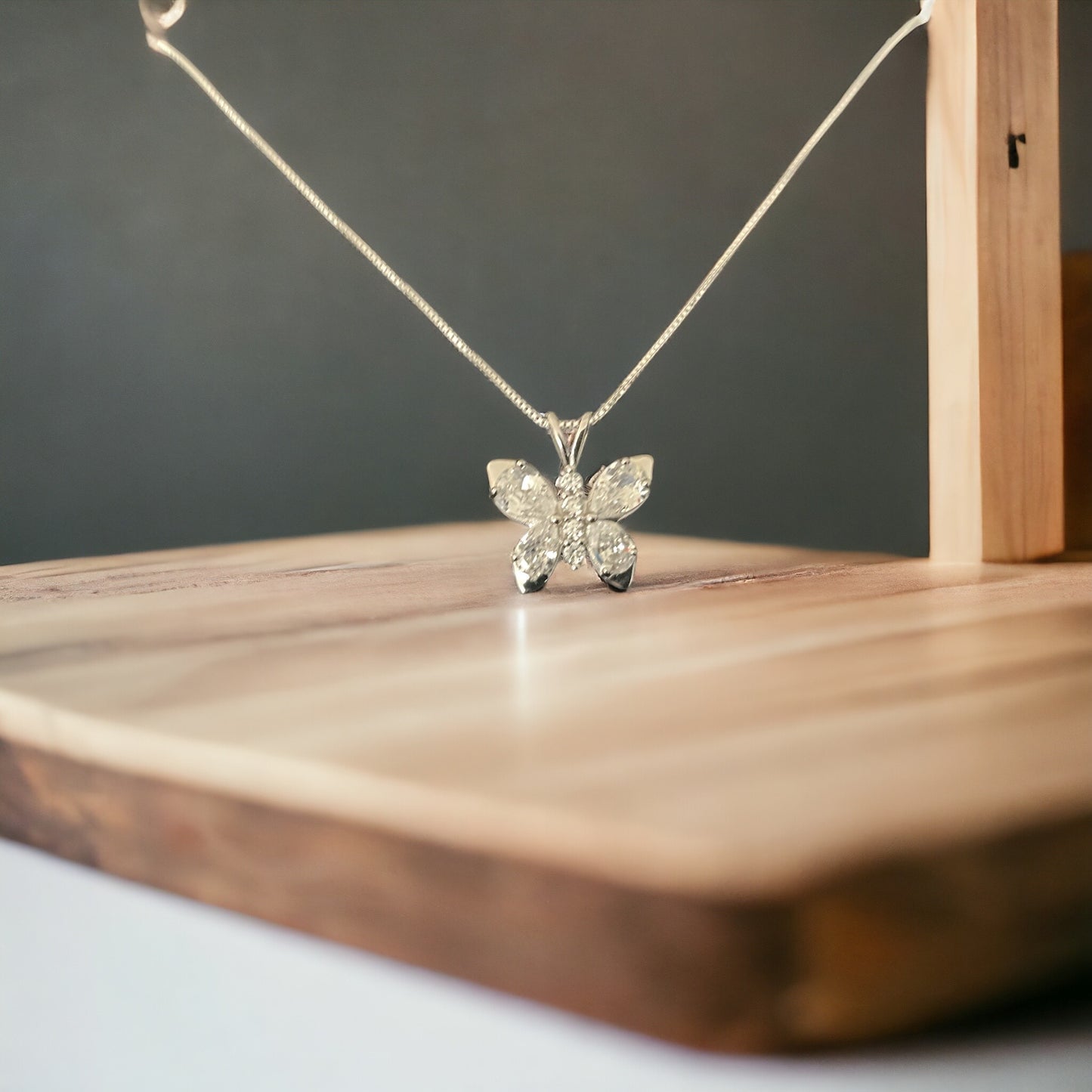 925 Sterling Silver Butterfly Pendant Necklace w/ Clear CZ + Free Chain
