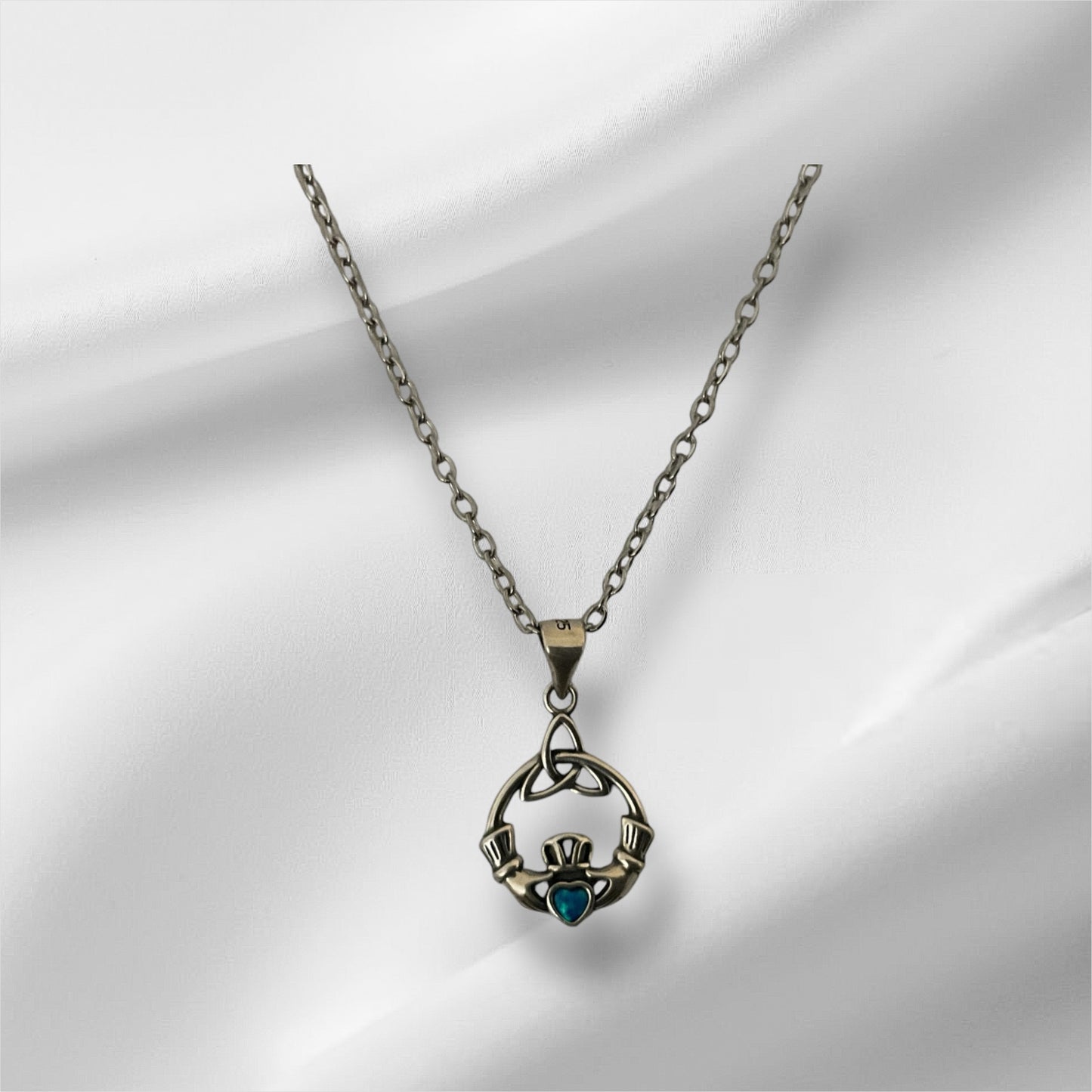 925 Sterling Silver Irish Celtic Claddagh Blue Opal Pendant Necklace