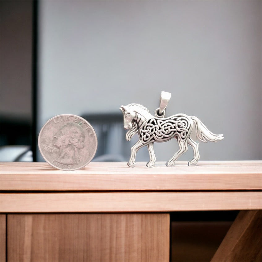 Unique Handcast 925 Sterling Silver Irish Celtic Horse Epona Pendant + Free Chain Necklace