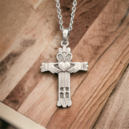 Large Handcast 925 Sterling Silver Irish Claddagh Cross Pendant + Free Chain