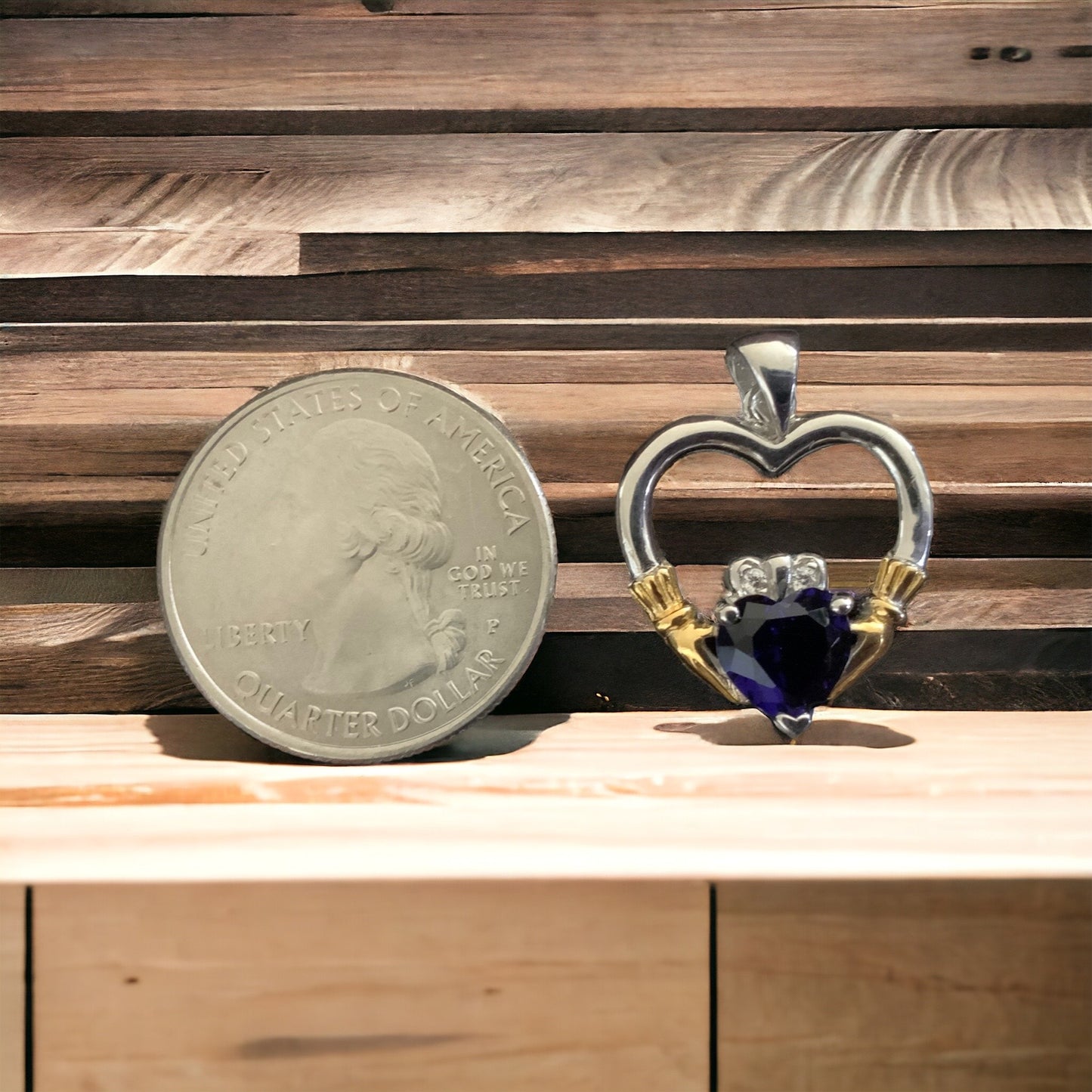 Sterling Silver Irish Claddagh Heart Pendant w/ Sapphire Blue CZ + Free Chain