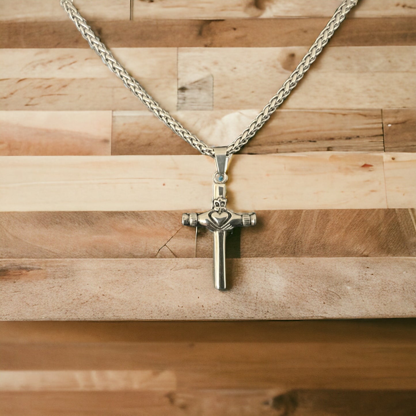 316L Surgical Stainless Steel Irish Claddagh Cross Pendant + Free Chain Necklace