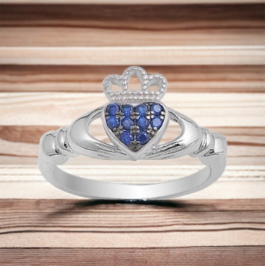 Sterling Silver Irish Claddagh Ring w/ Blue Sapphire CZ Size 4-10
