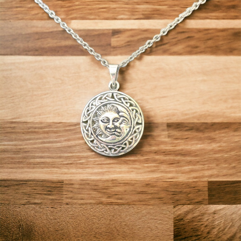 Handcast 925 Sterling Silver Sun Moon Pendant with Celtic Knot Designs + Free Chain Necklace